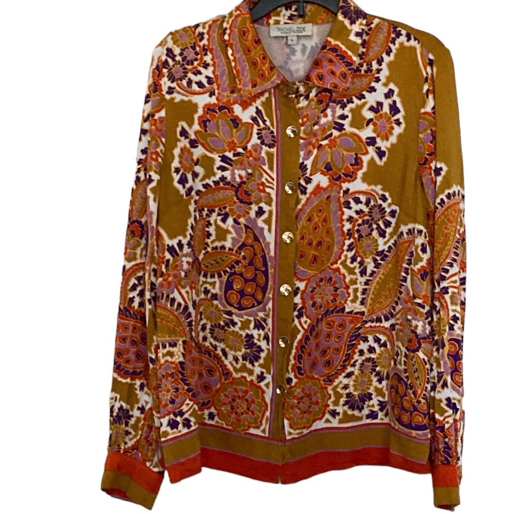 Rachel Zoe paisley print button front blouse/top, orange and gold tones, S